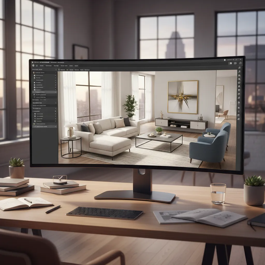 Pantalla de ordenador mostrando un simulador de diseño interior en 3D con salón moderno