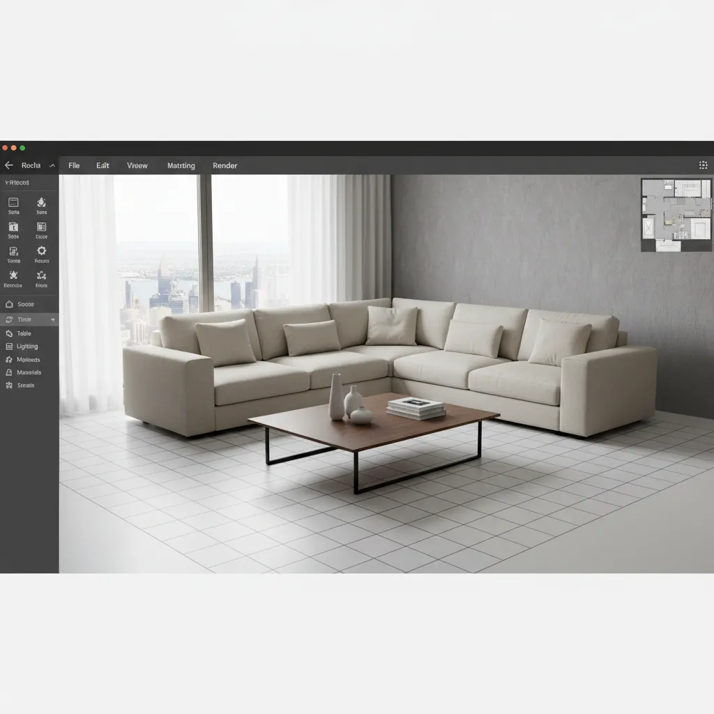Modern living room interior design drawing featuring a beige sofa wood coffee table and windows
