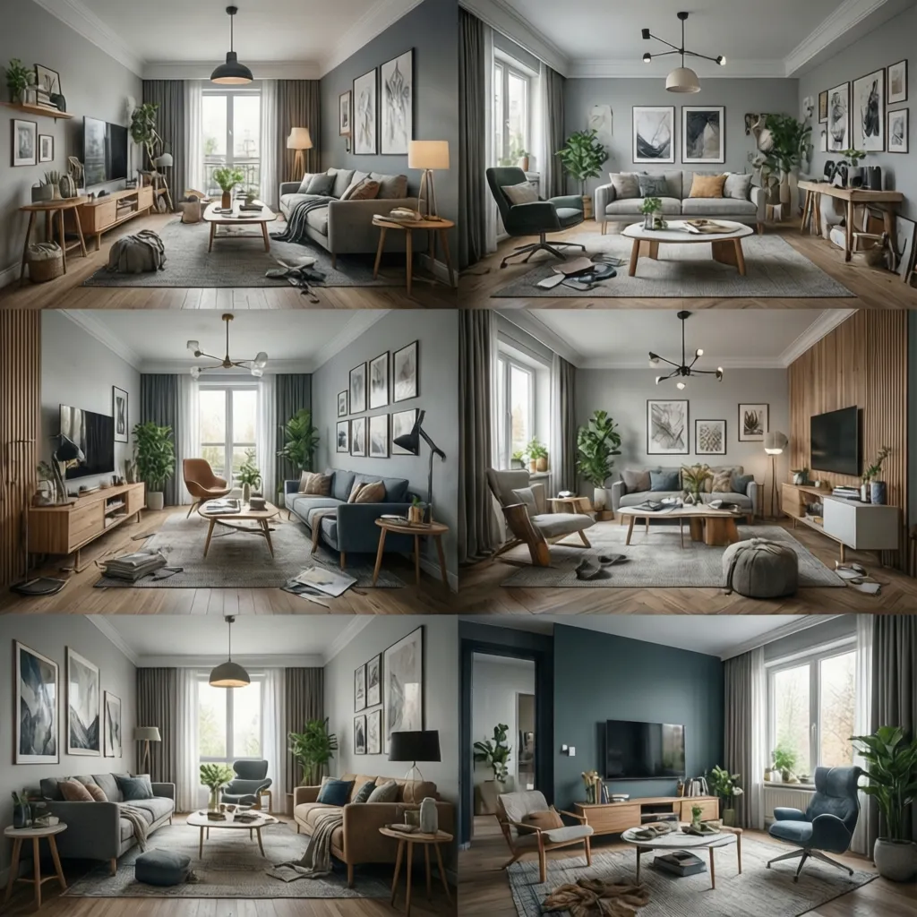 Simulación digital mostrando diferentes estilos de decoración en una habitación