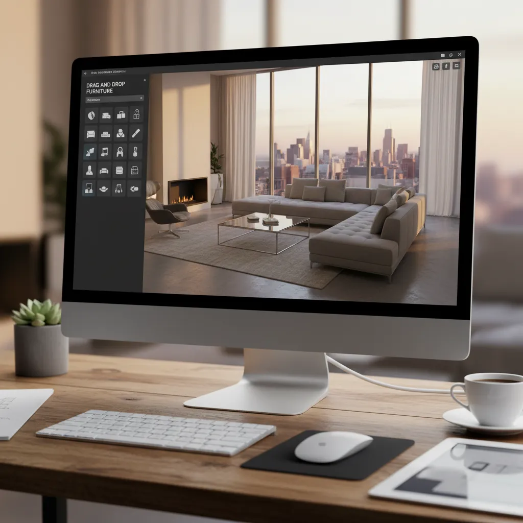 Interfaz de un simulador de diseño de interiores mostrando un salón en 3D