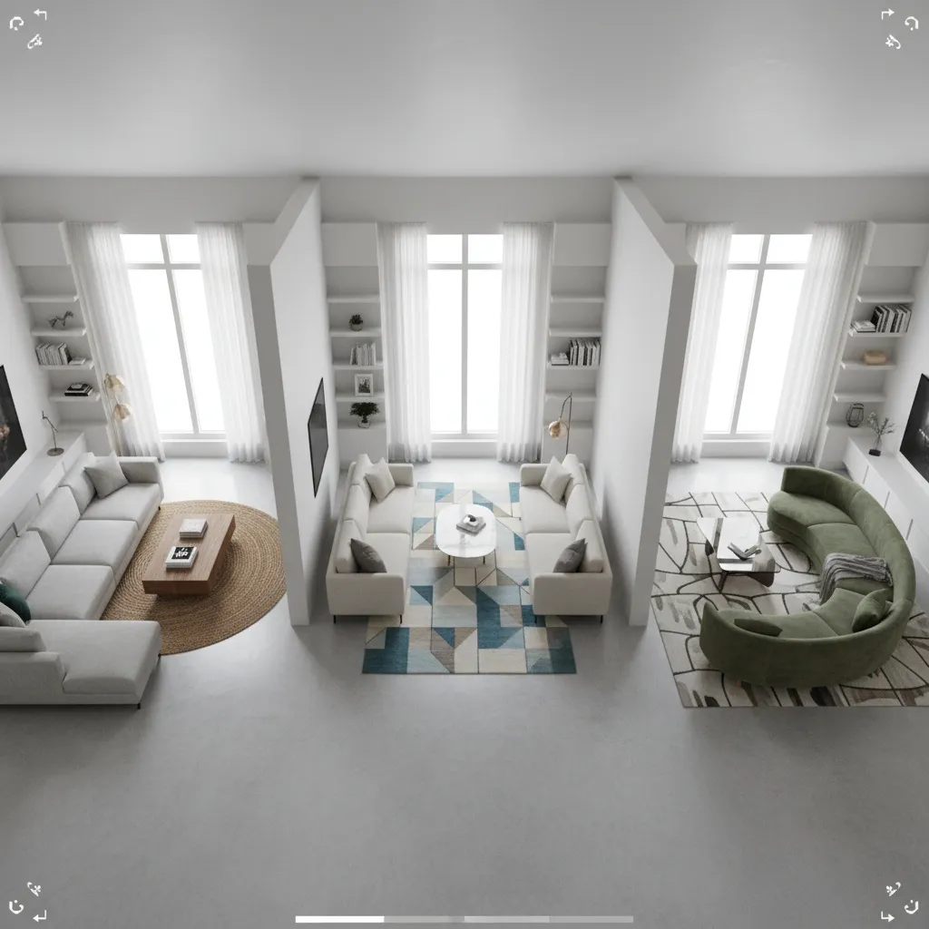 Simulación digital de una sala con muebles reorganizados en diferentes posiciones