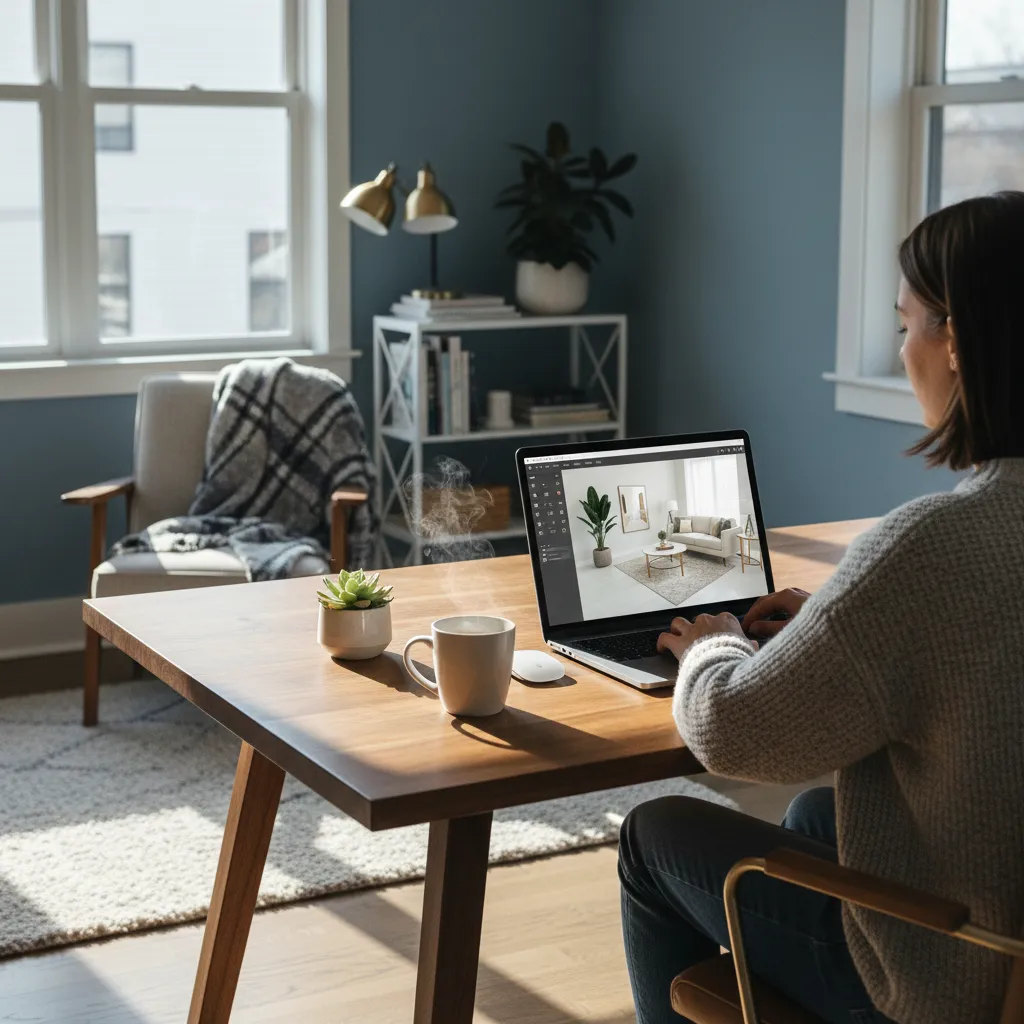 Persona utilizando software para simular diseño interior en un ordenador portátil