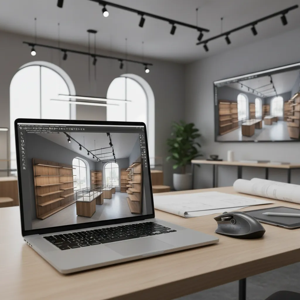 Laptop on wooden desk showing interior design drawing with display shelves and floor plan blueprints