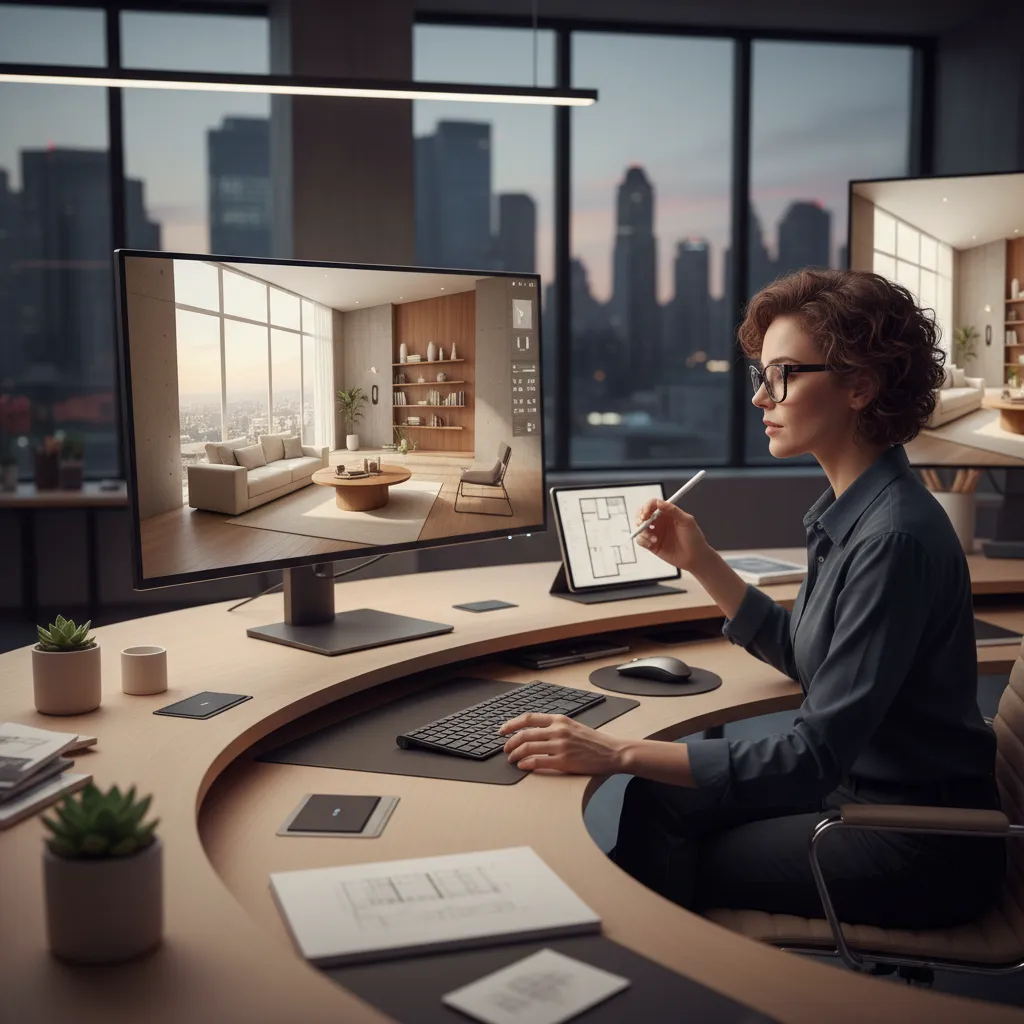 Professional designer working at desk using interior design software to create modern living room scene