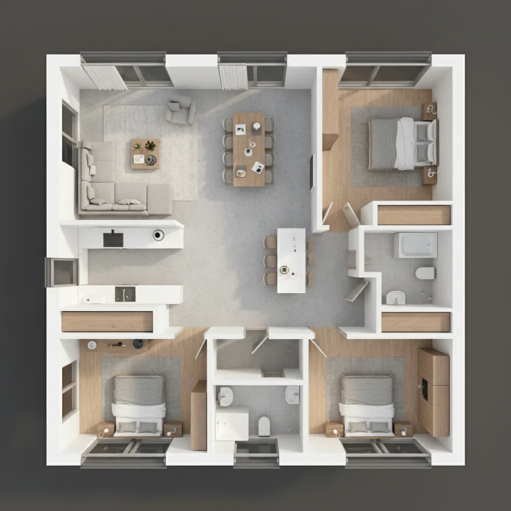 Plano 3D de una casa digital con varias habitaciones