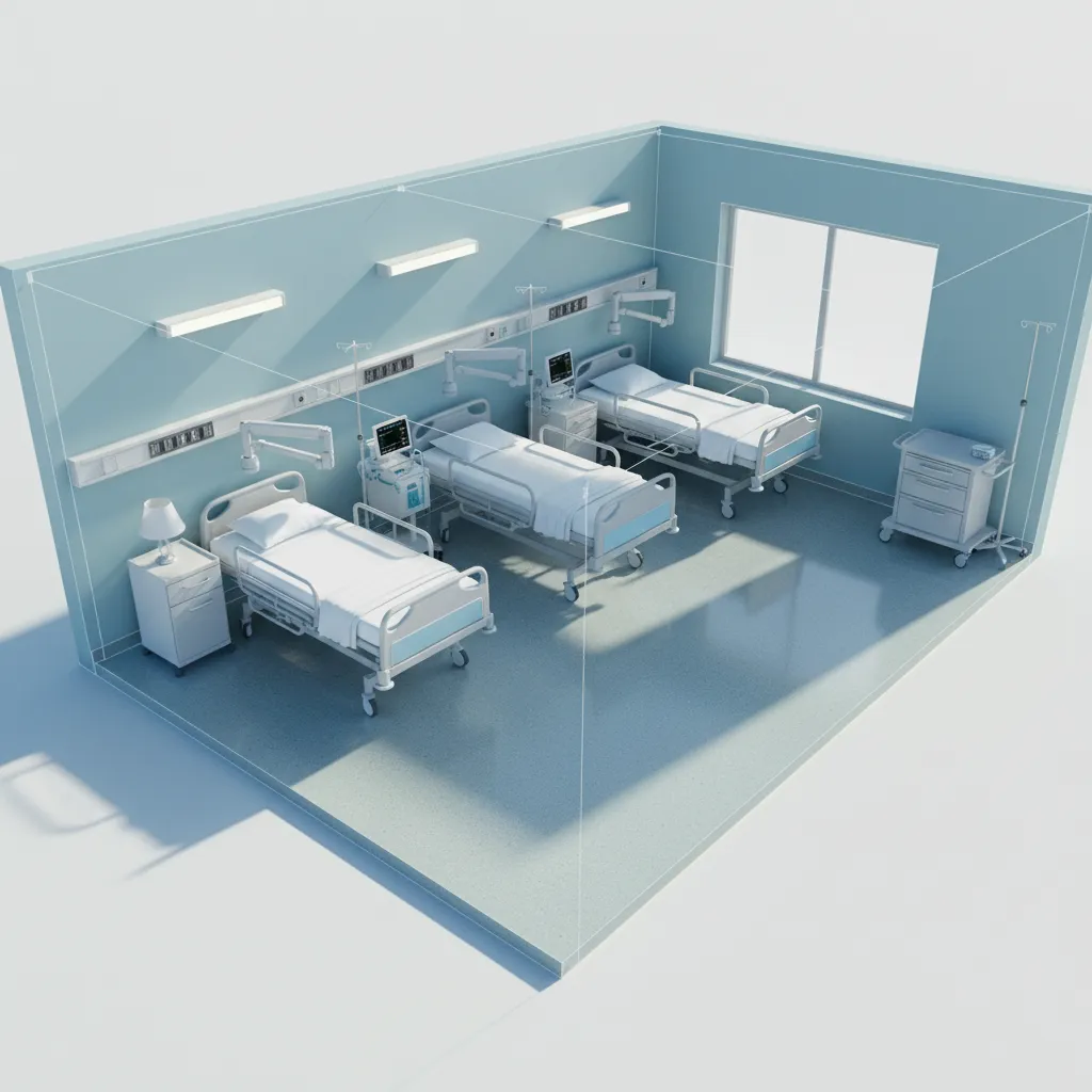 Interior design drawing of a blue hospital room featuring three patient beds and medical equipment