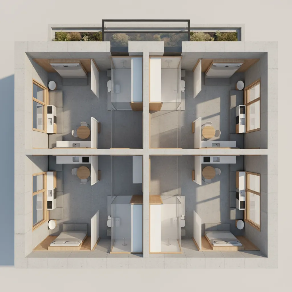 3D interior design drawing of four studio apartments including bed area bathroom and small desk