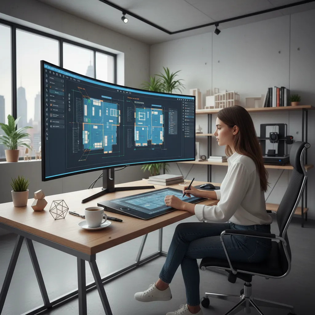 Woman using drawing tablet and large curved monitor showing blue floor plans in home office