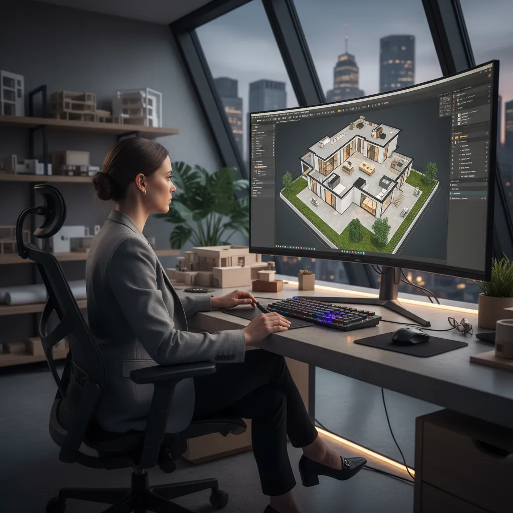 Female designer using professional software on a curved monitor to create a 3D house model