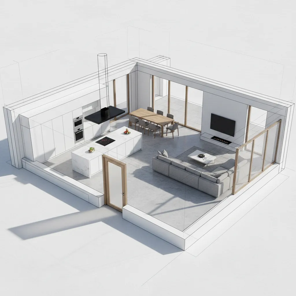 Simulasi denah rumah dengan dapur di depan