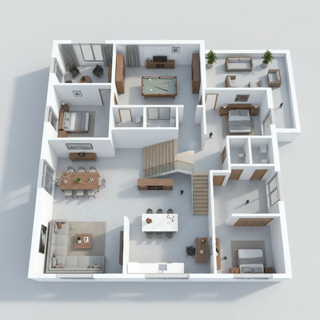 Simulasi desain denah rumah tiga lantai dalam tampilan 3D