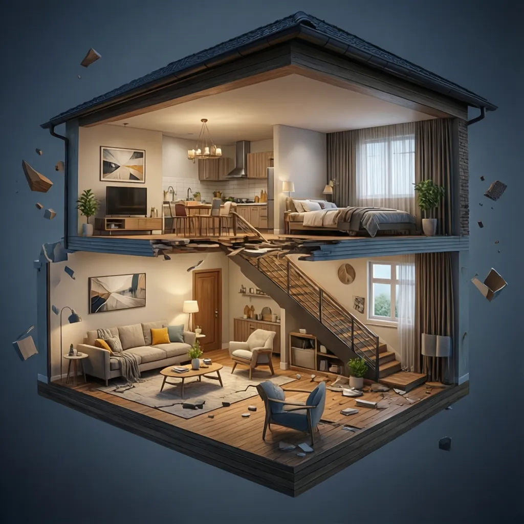 Visualisasi denah rumah 3D dengan pembagian ruang jelas