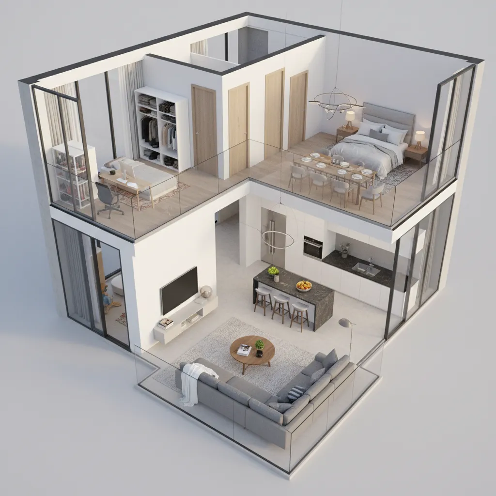 Modern interior design drawing showing a living room kitchen dining area and a comfortable bedroom