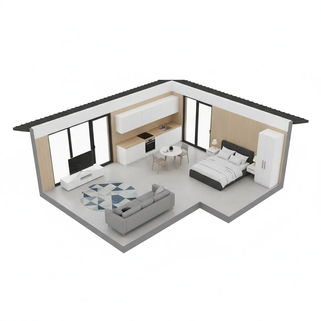 Simulasi denah rumah kecil dalam tampilan 3D