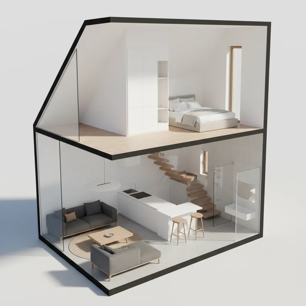 Simulasi denah rumah kecil dalam tampilan 3D