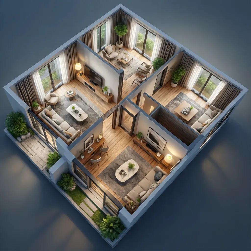 Visualisasi denah rumah dalam tampilan tiga dimensi