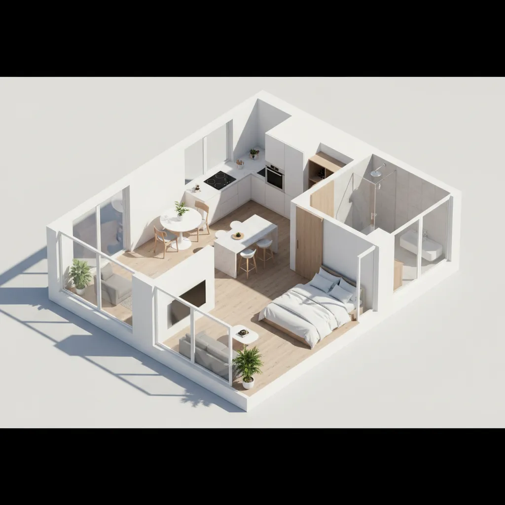 Isometric interior design drawing of modern apartment with white walls wood floors kitchen and bedroom