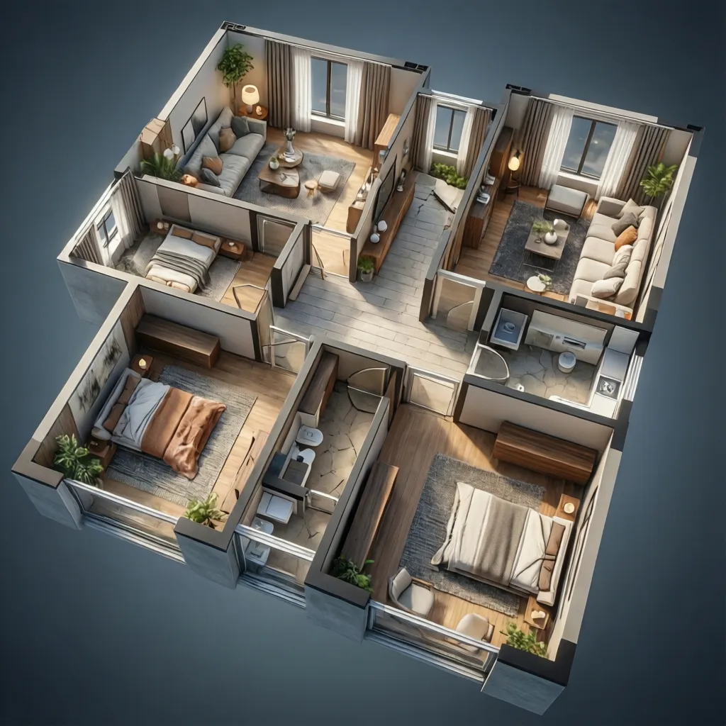 Modern 3D apartment interior design drawing with living rooms sofas bedrooms beds and wooden floors