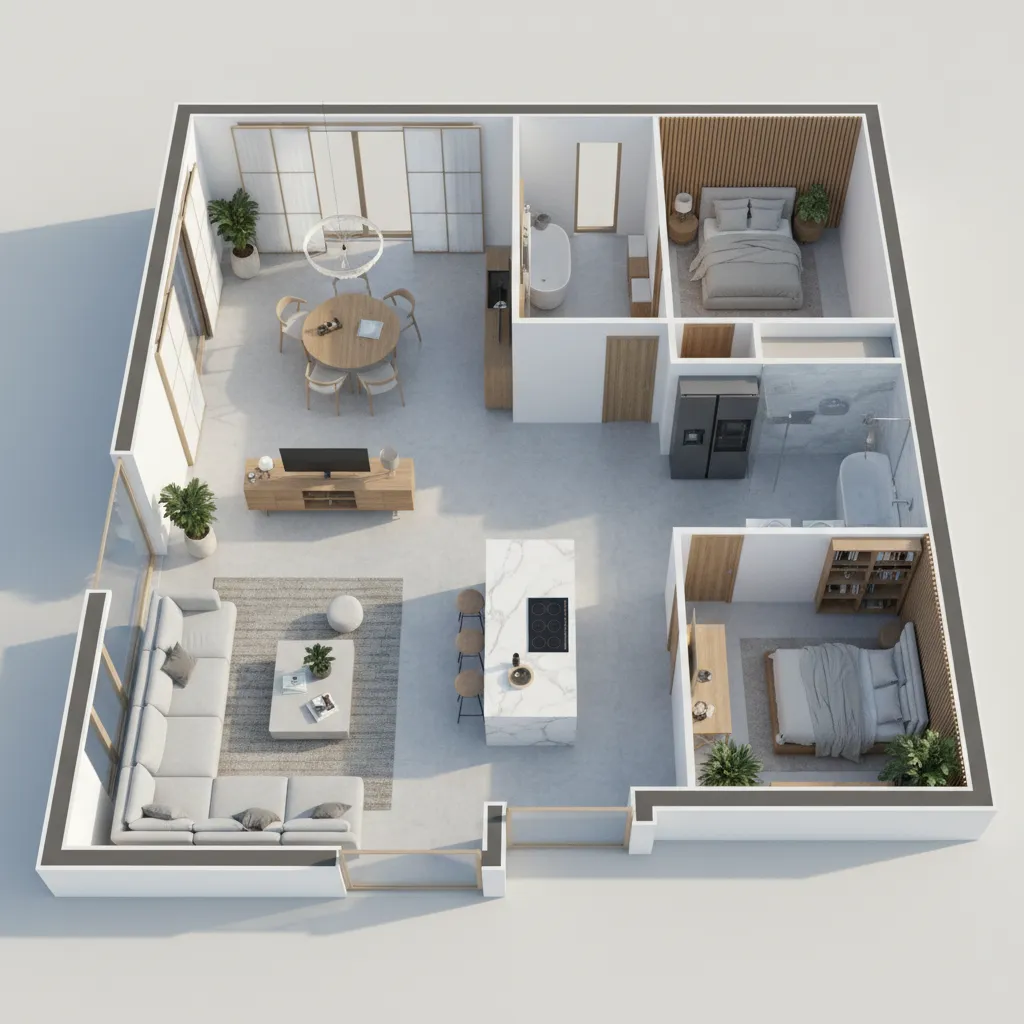 3D interior design drawing of modern apartment with grey sofa marble kitchen island and bedrooms