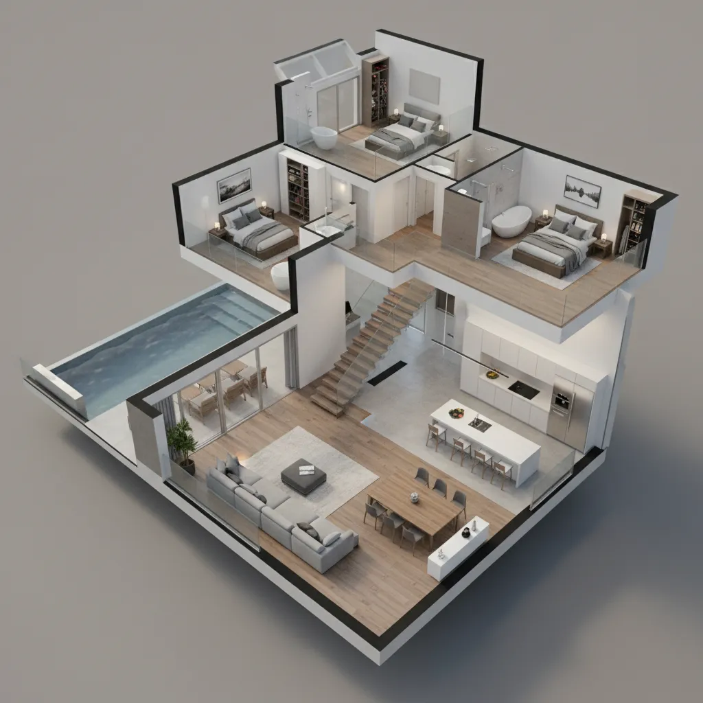 Modern interior design drawing of a house with swimming pool kitchen dining area and bedrooms