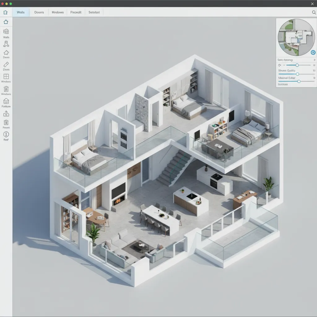 Coohom interior design drawing showing multi level house layout with bedrooms living room and kitchen