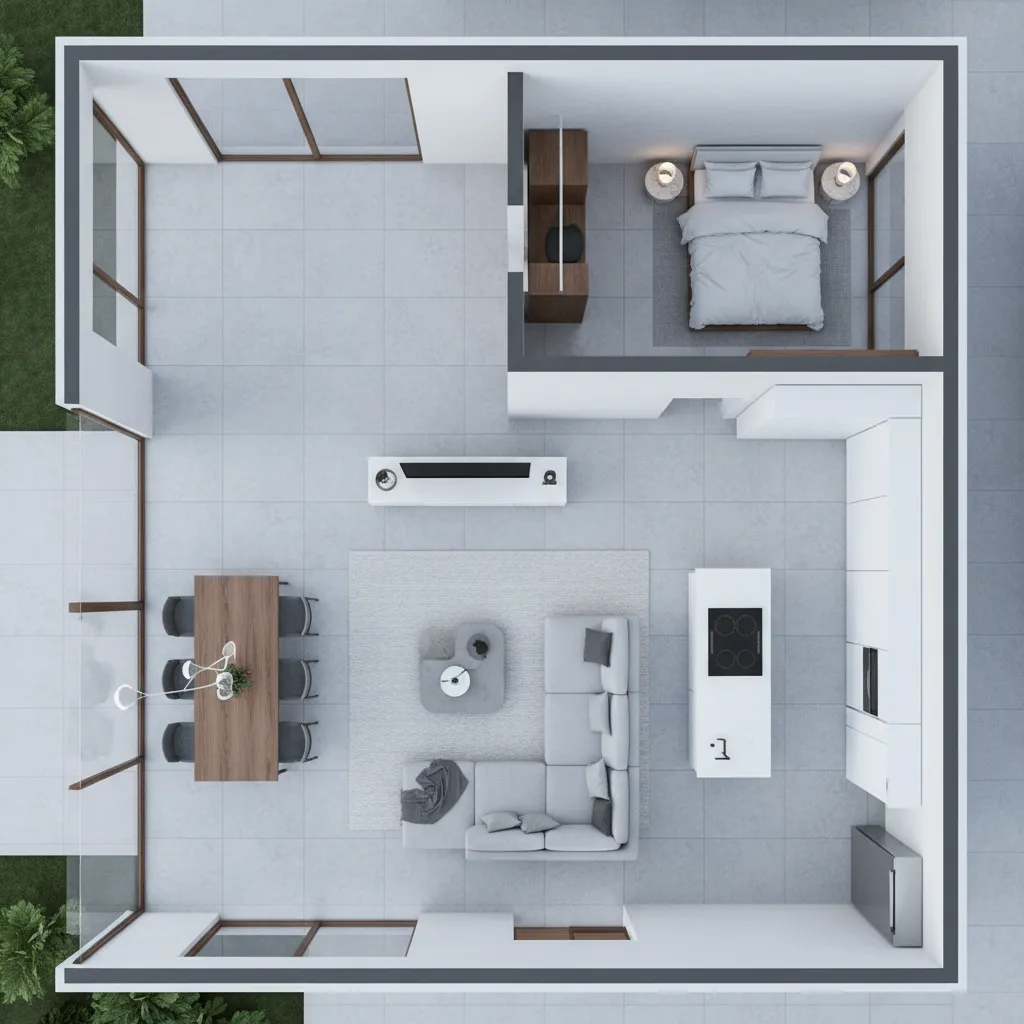 Modern interior design drawing showing living room with grey sofa dining area kitchen and bedroom