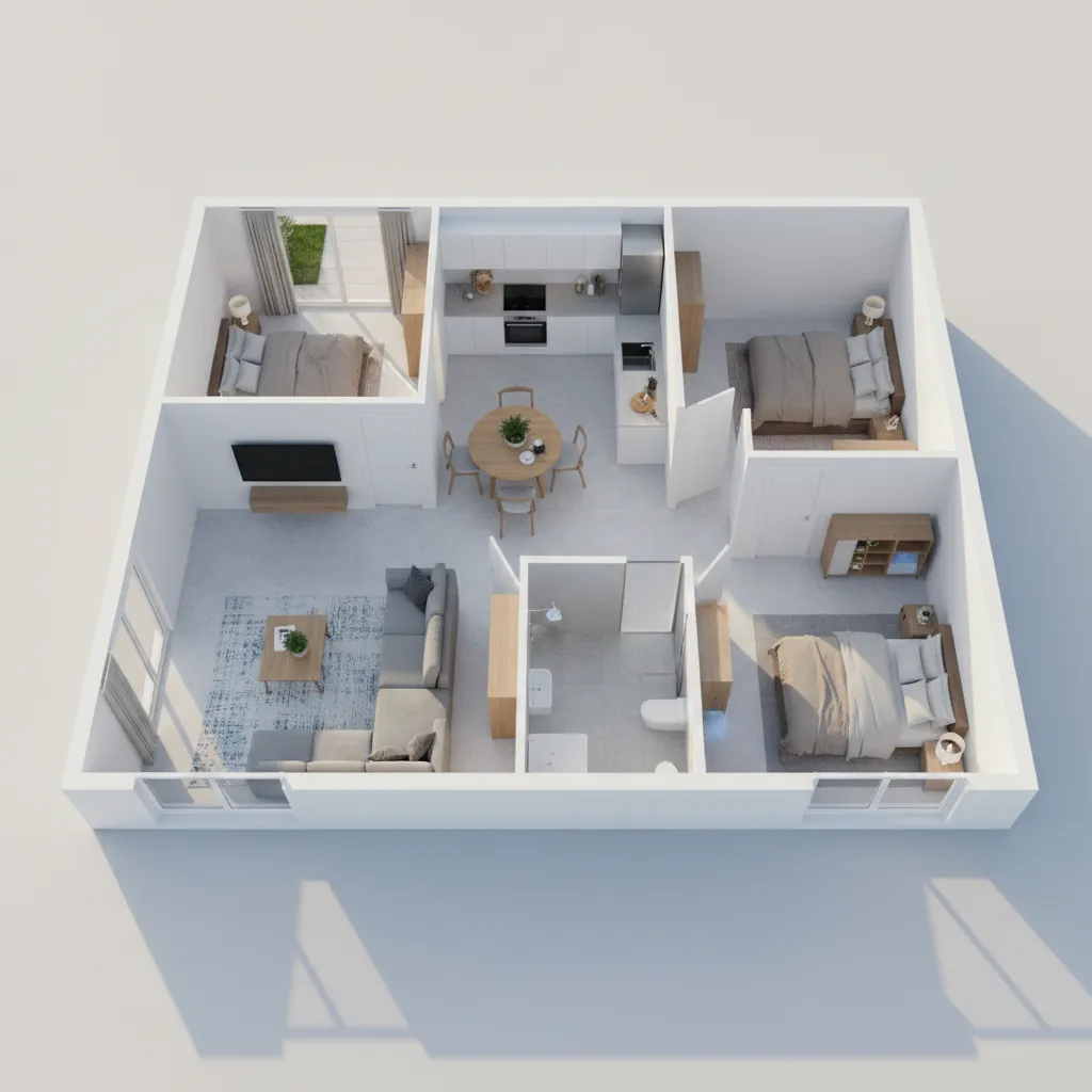 simulasi denah rumah kecil dalam tampilan tiga dimensi