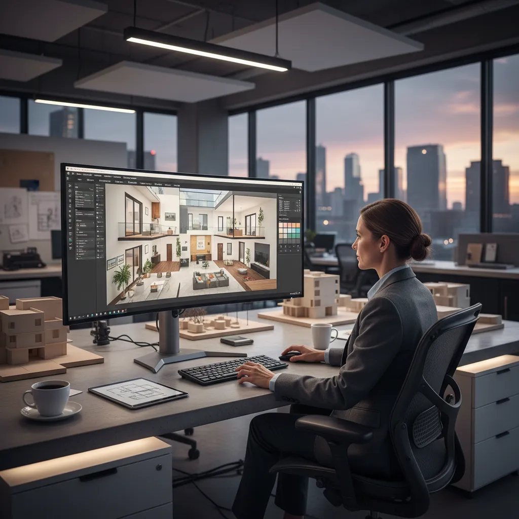 Woman using a computer to create interior design drawing in modern office with city views
