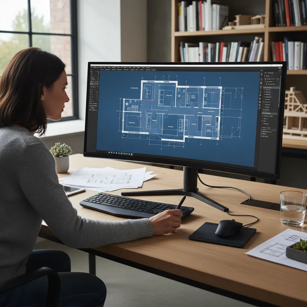 Designer sitting at a wooden desk using Coohom to edit a house floor plan drawing