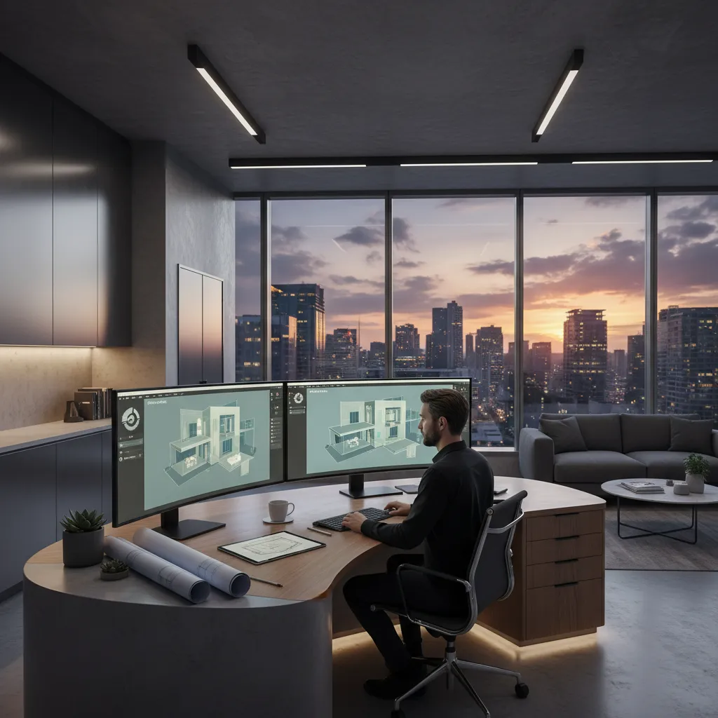 Designer creating 3D interior design drawing on dual monitors in office with sunset city view