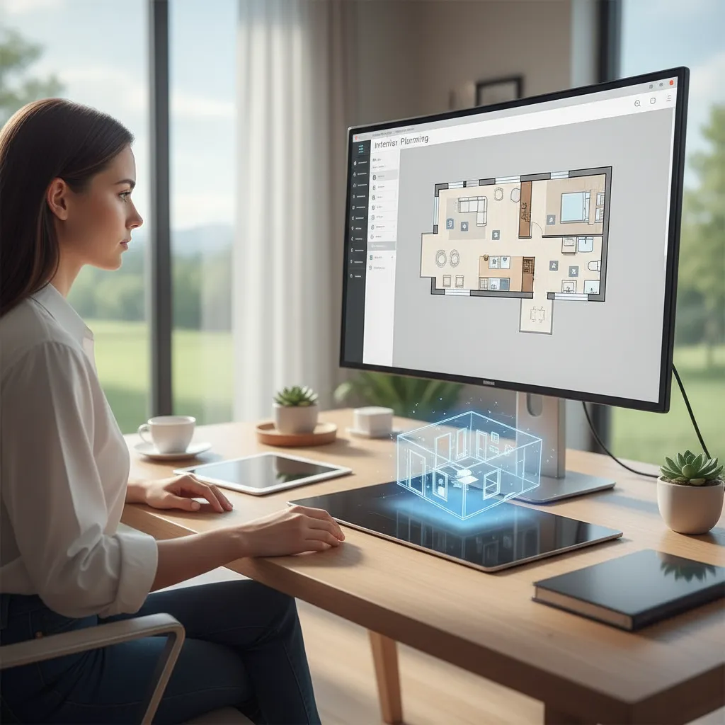 Designer using computer software to create a house floor plan with blue 3D room layout