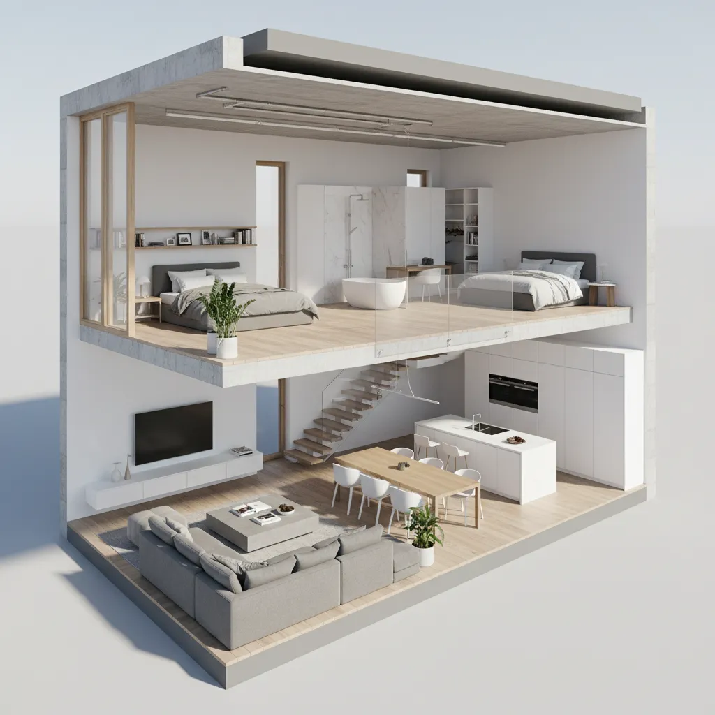 Interior design drawing showing two floors with living room, kitchen, dining area, and two bedrooms