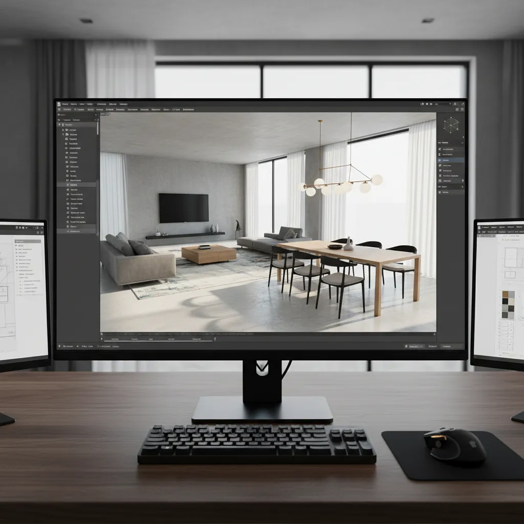 Computer monitor displaying interior design drawing of modern living room with sofa and dining table