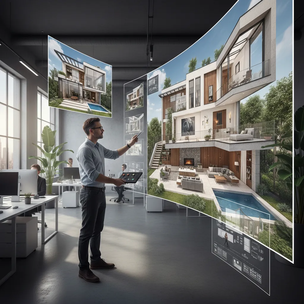 Man in office looking at 3D interior design drawing of modern villa with swimming pool