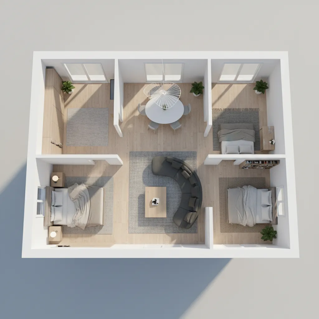 Simulasi penempatan furnitur dalam denah rumah 3D