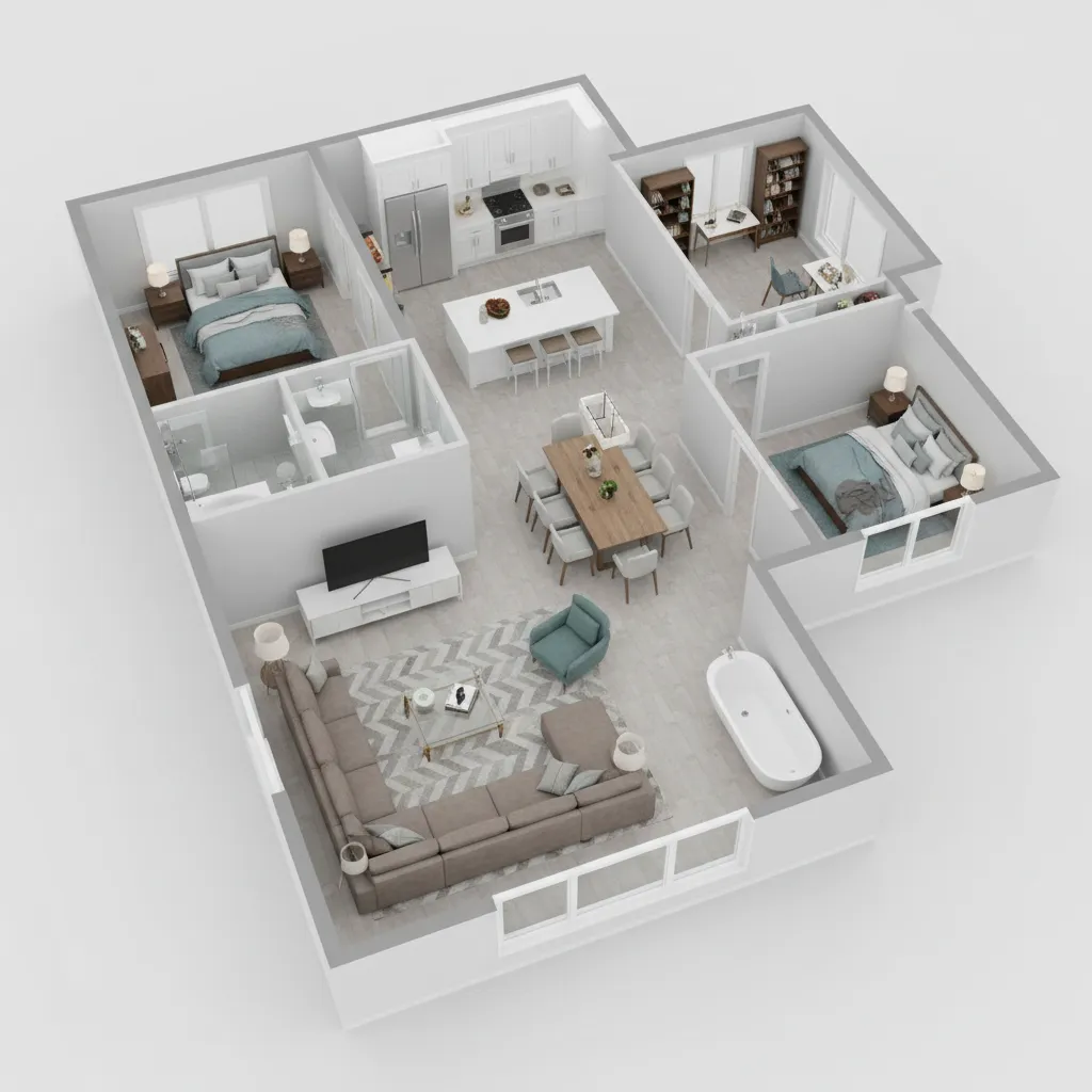 Coohom 3D interior design drawing showing furnished house with sofa kitchen dining table and bedrooms
