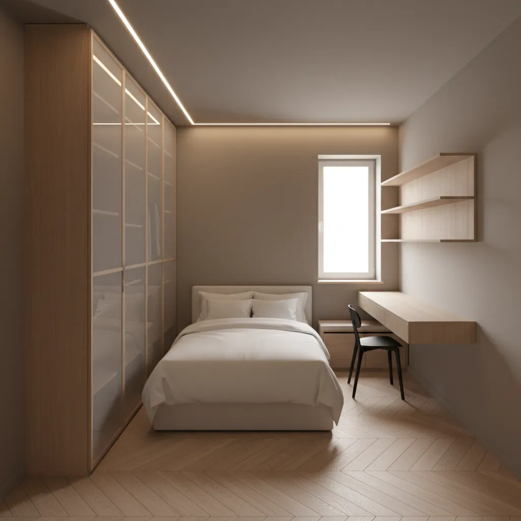 Small modern bedroom with white bed wood floor glass wardrobe desk chair shelves and window