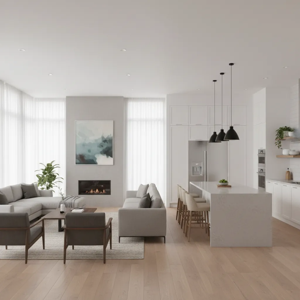 Modern open living room with grey sofa fireplace kitchen island and three black ceiling lights