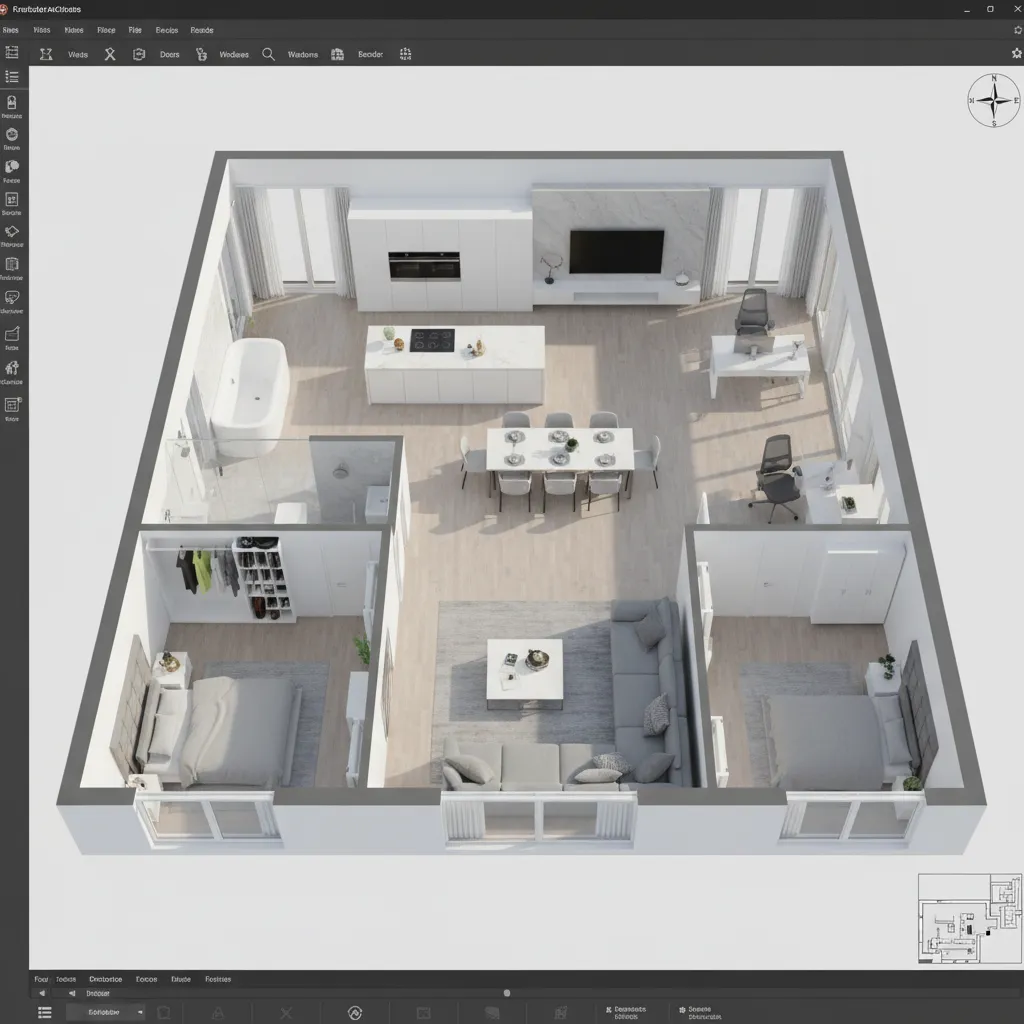 Interior design software interface showing 3D apartment layout with furniture, two bedrooms, and kitchen area