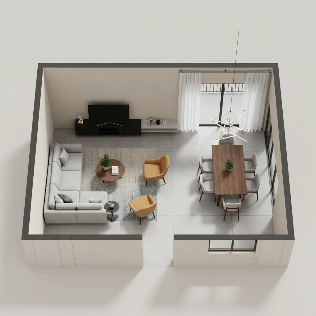 Simulasi tata letak furnitur dalam denah rumah 3D