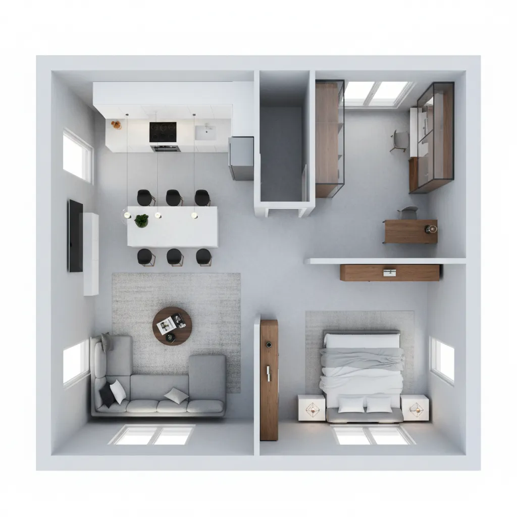Simulasi denah rumah dengan furnitur dalam tampilan 3D