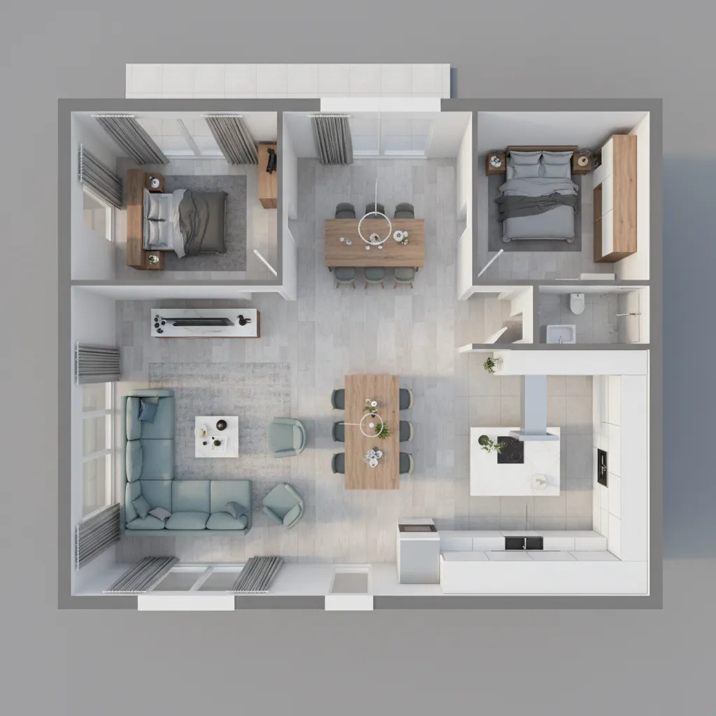 Overhead interior design drawing with blue sofa wooden dining tables white kitchen and two bedrooms