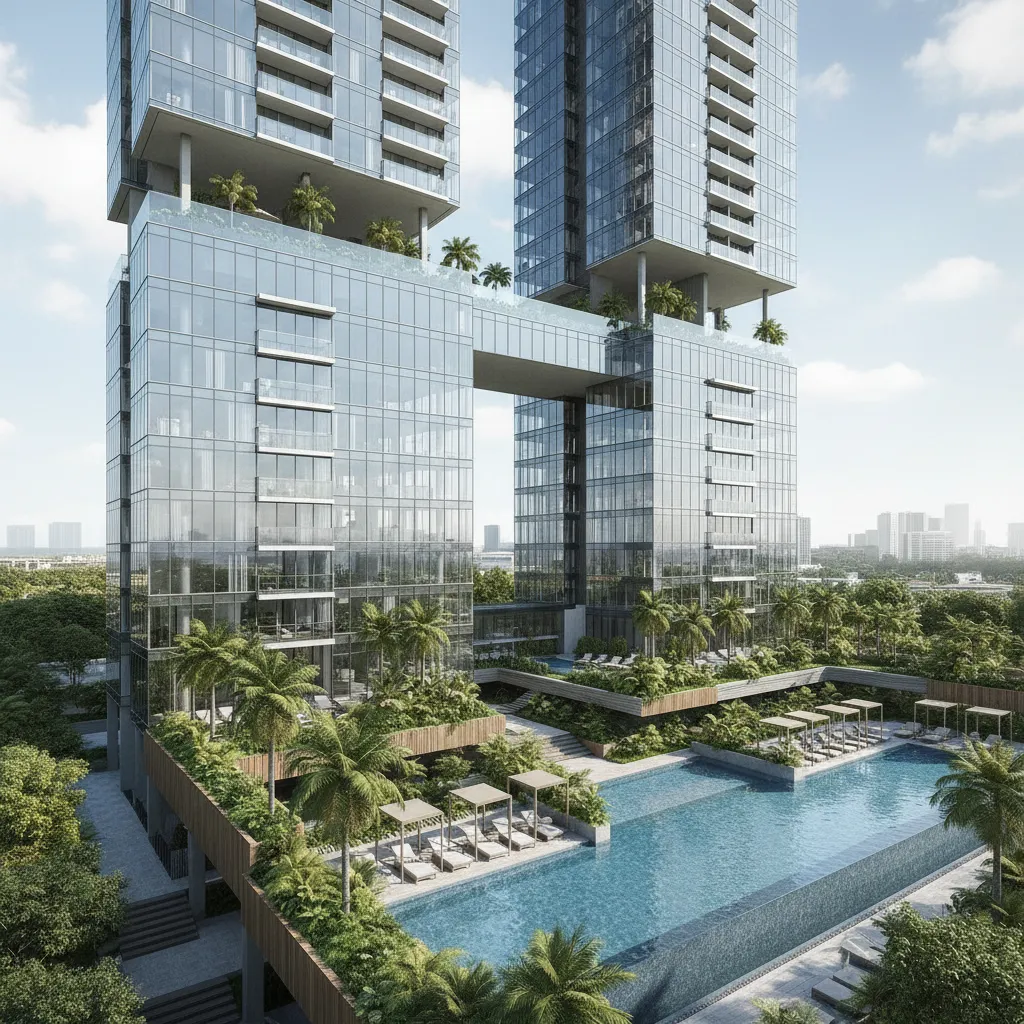 photorealistic exterior architectural rendering of a Singapore condominium with greenery and pool