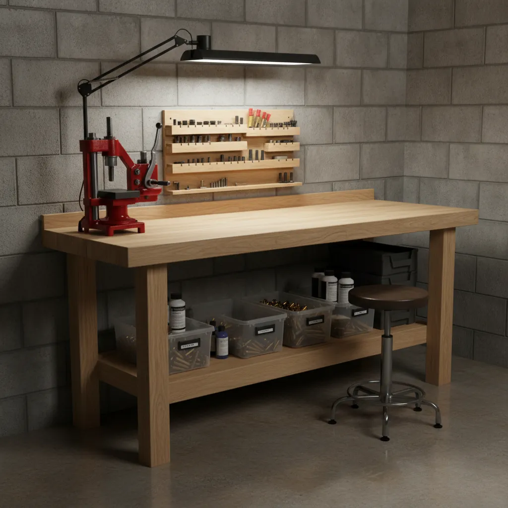 single bench reloading setup with press lighting and organized tools