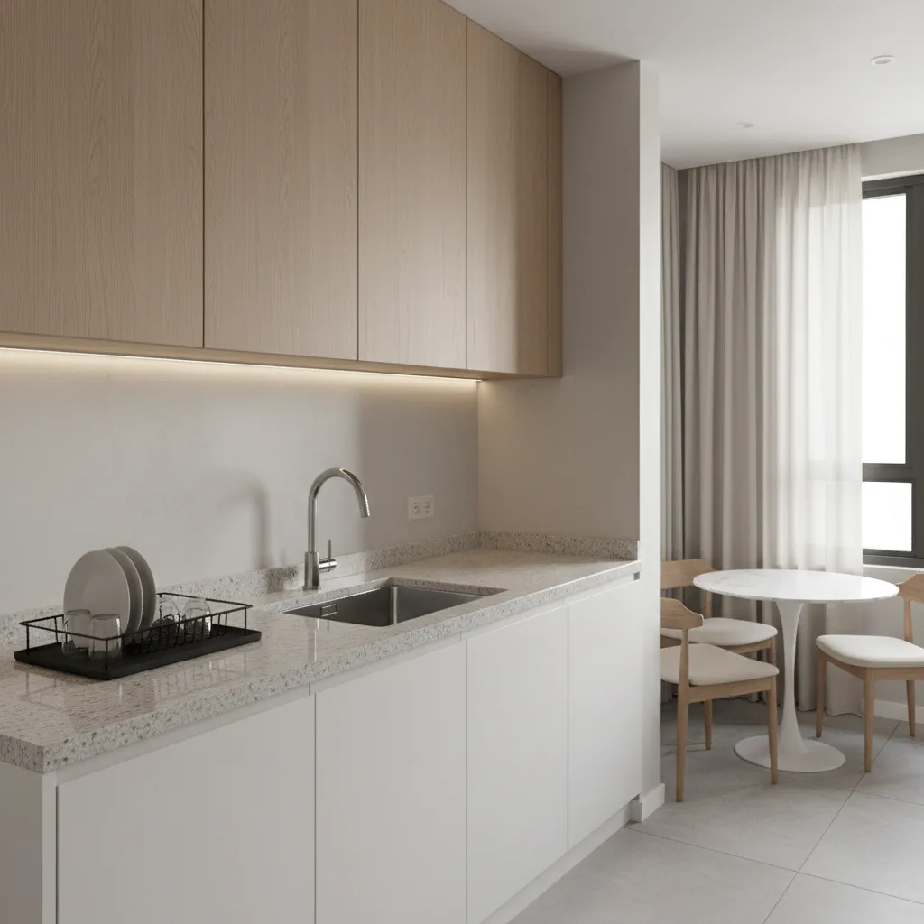 Single bowl stainless steel kitchen sink in modern apartment kitchen