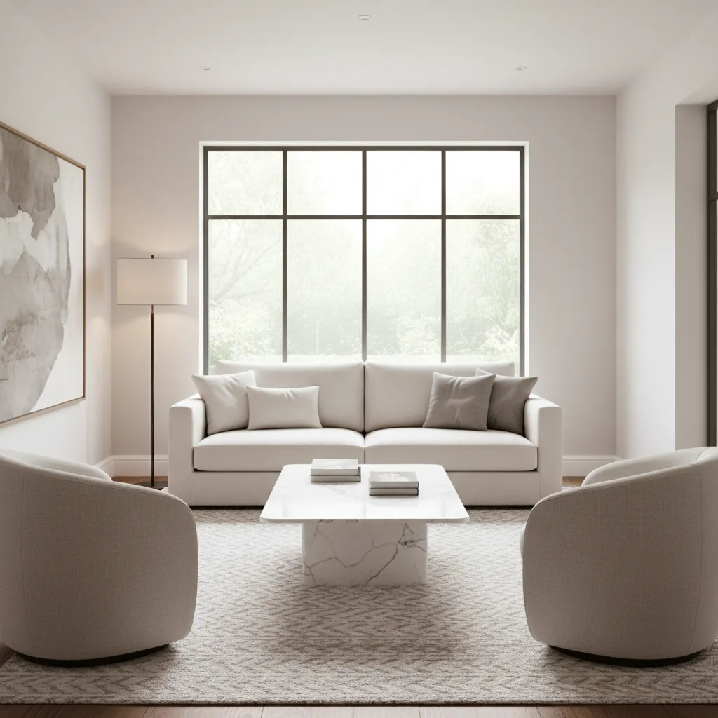 White living room with sofa, two armchairs, marble coffee table, floor lamp, and large window