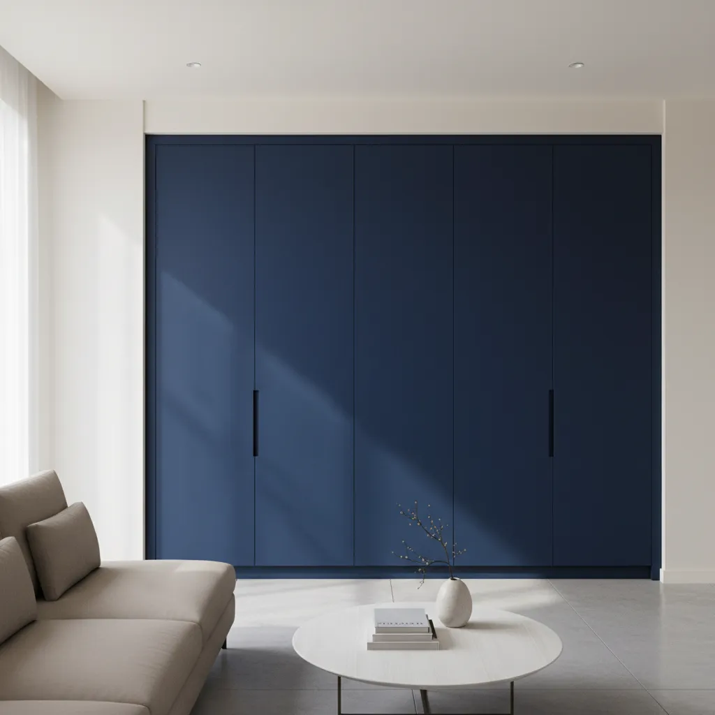 Single-color navy cabinet in a minimalist interior setting