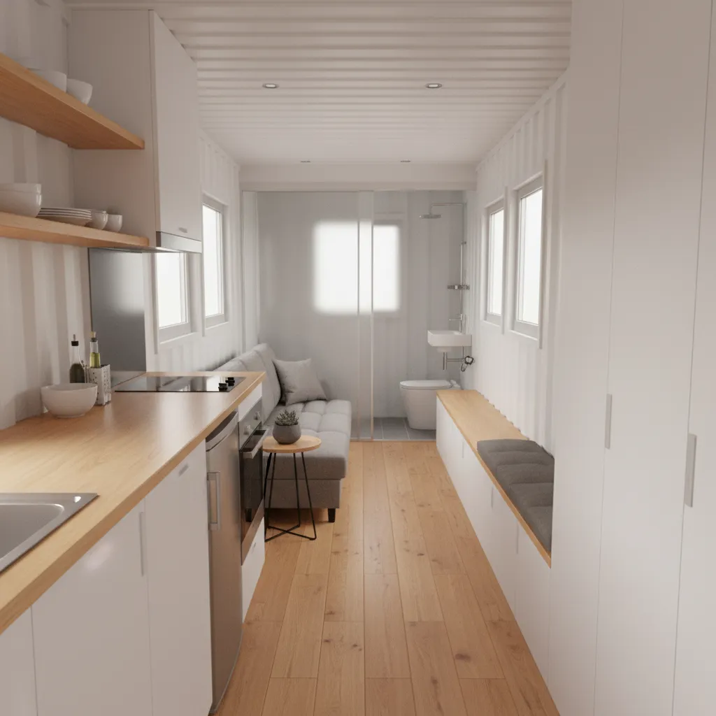 single shipping container tiny home interior layout