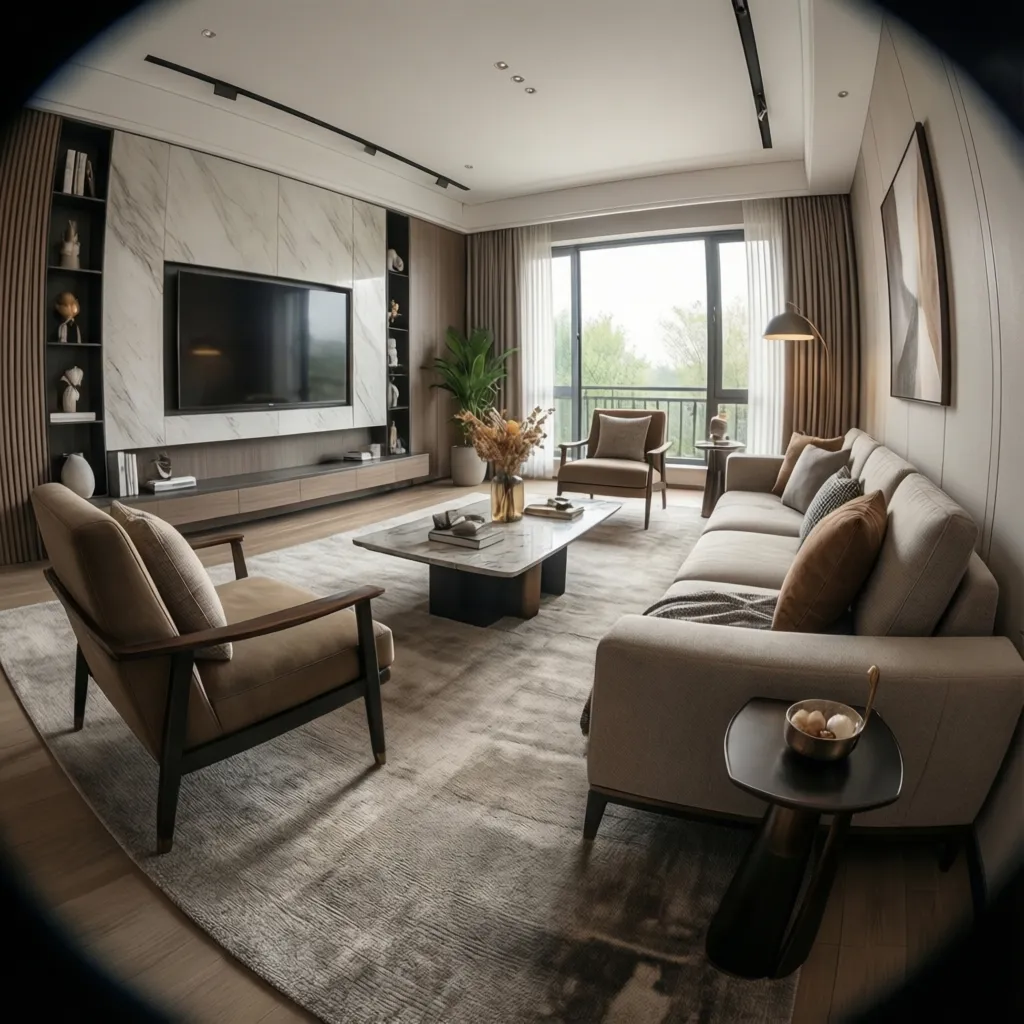 Single conversation seating layout in a long rectangular living room