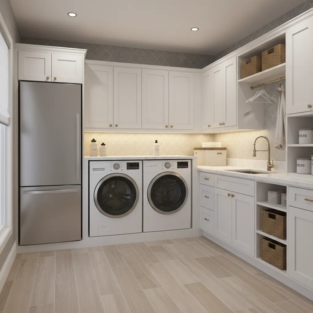 Single family home laundry room with refrigerator beside cabinets